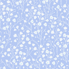 Spring floral pattern of white flowers and stems on a pale purple background.
