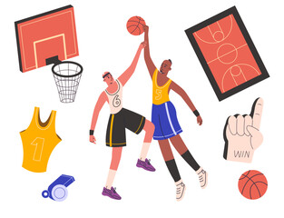 Basketball elements. Cartoon athletes characters fighting for ball. Professional sports equipment. Playground with basket. Whistle athletic uniform. Vector isolated streetball players set