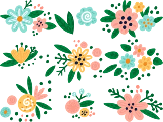 Keuken spatwand met foto Cartoon flowers. Doodle blooming forest plants. Field or garden blossoms. Color petals. Floral bunches. Cute buds and leaves. Isolated holiday bouquets. Vector botanical elements set © VectorBum