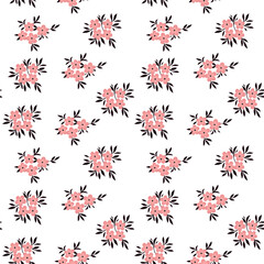 Seamless pattern of vector pink flowers and black leaves. Floral background of blooming flowers on a white background.
