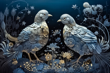 Fototapeta premium A stunning paper cut chicken illustration in silver and gold, set against a nature-inspired forest at night. generative AI.