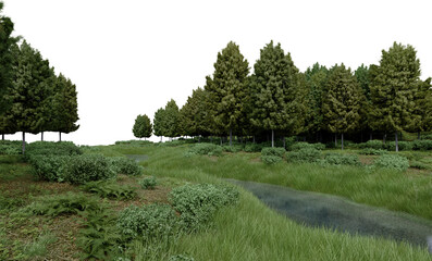 Realistic grass plain with river and trees. 3d rendering of isolated objects.