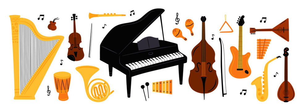 Cartoon musical instrument. Acoustic orchestra concert elements. Strings, wind and bows. Piano music performance. Isolated violoncello or harp. Jazz band saxophone. Garish vector set