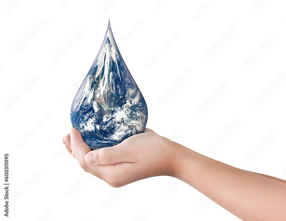 Poster earth, globe in drop shape on hand isolated on transparent background, png file format. elements of 