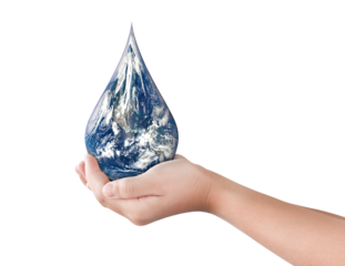 Earth, Globe in drop shape on hand isolated on transparent background, PNG File format. Elements of this image furnished by NASA