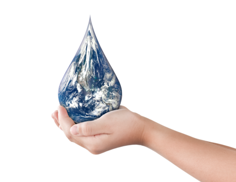 Earth, Globe in drop shape on hand isolated on transparent background, PNG File format. Elements of this image furnished by NASA