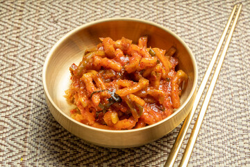 Korean food side dishes, Seasoned Dried Radish, Kimchi Korean traditional food.