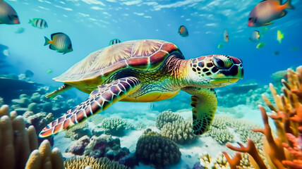 Obraz premium turtle with group of colorful fish and sea animals with colorful coral underwater in ocean, Generative AI