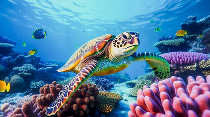 Fototapety  turtle with group of colorful fish and sea animals with colorful coral underwater in ocean, Generative AI