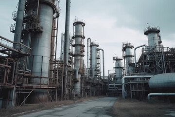 Obraz premium Metallic Pipes for distillation of fuel and other petroleum pro. Oil refinery. Generated ai