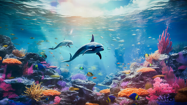 Dolphins and a reef undersea environment. electronic collage images as wallpaper, Generative AI