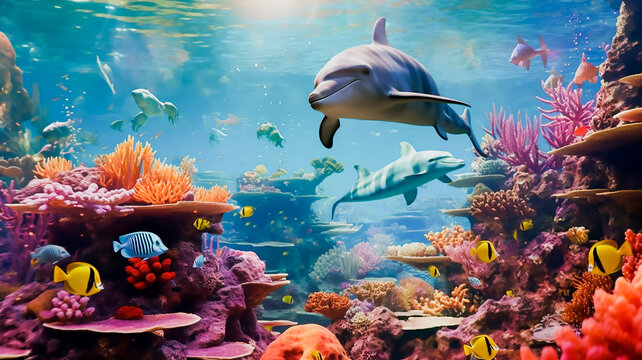 Dolphins and a reef undersea environment. electronic collage images as wallpaper, Generative AI