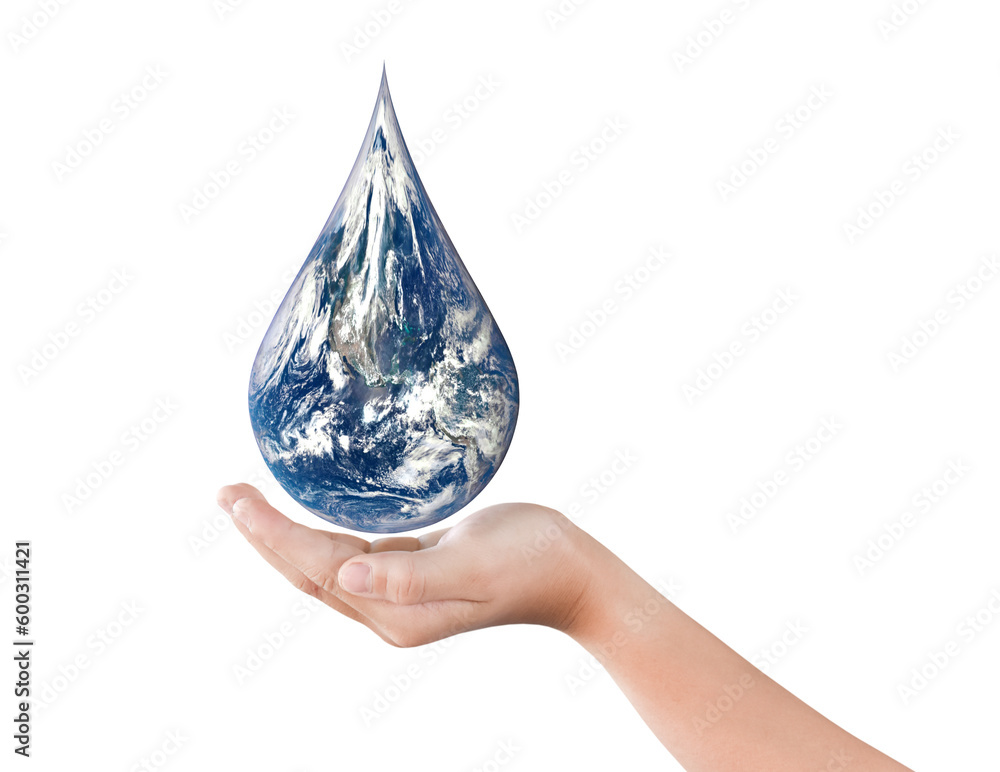 Poster earth, globe in drop shape on hand isolated on transparent background, png file format. elements of 