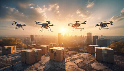 UAV drone delivery delivering big brown post package into urban city. Generative ai.