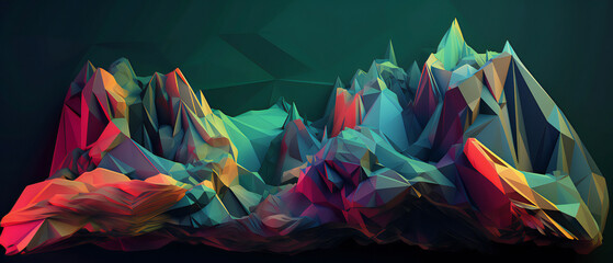 Geometric Mountain Landscape art Low poly with Colorful Red Background- 3d generative ai.