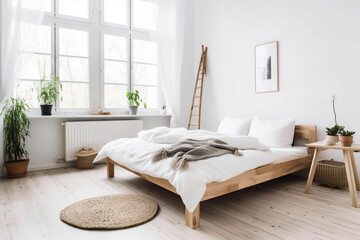 Empty White and Neutral Nordic Bedroom with Wooden Bed Frame, Generative AI