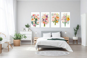 modern empty White bedroom interior with flowers and posters, Generative AI
