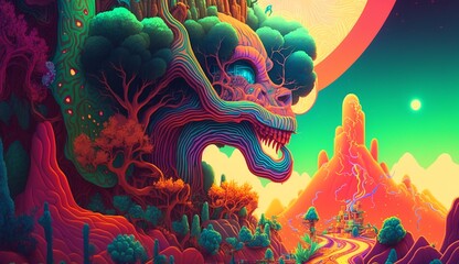 Psychedelic hallucinations. Vibrant illustration. Surreal images. Template for cards, stickers, baners, posters. AI generated.