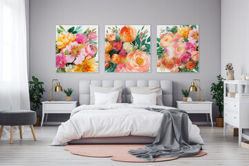 Empty White bedroom interior with flowers and posters, Generative AI