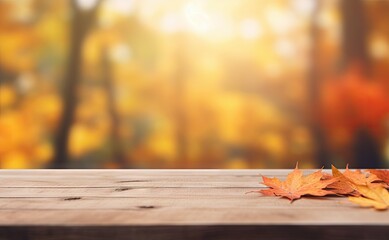 Naklejka na ściany i meble Autumn Leaves on Wooden Table for place product with Bokeh Background. Nature and Seasonal Decoration with Copy Space. Generative AI illustrations.
