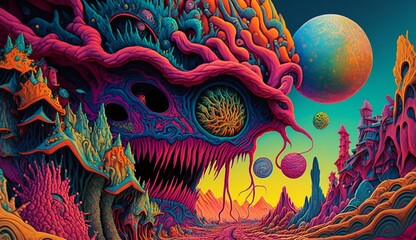 Psychedelic hallucinations. Vibrant illustration. Surreal images. Template for cards, stickers, baners, posters. AI generated.