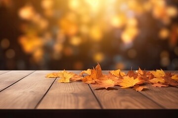 Naklejka na ściany i meble Autumn Leaves on Wooden Table for place product with Bokeh Background. Nature and Seasonal Decoration with Copy Space. Generative AI illustrations.
