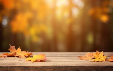 Naklejka na ściany i meble Autumn Leaves on Wooden Table for place product with Bokeh Background. Nature and Seasonal Decoration with Copy Space. Generative AI illustrations.