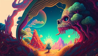 Psychedelic hallucinations. Vibrant illustration. Surreal images. Template for cards, stickers, baners, posters. AI generated.