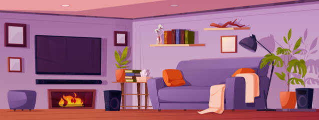 House room interior with furniture. Modern living room with sova, tv, table with books, fireplace with fire, floor lamp, shelves and plants, vector cartoon illustration