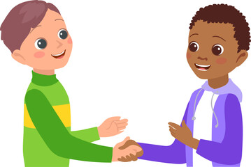 Fototapeta premium Kid greeting gesture. Happy boys shaking hands. Gesturing friends. Children cooperation. Young people holding arms. Handshake for introduce. Successful partnership. Vector illustration