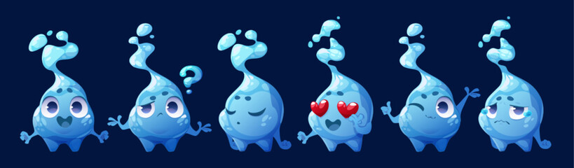 Vector cartoon set of isolated water drop mascot emoticon. Cute character with sad, cry, smiley, question or love expression. Funny aqua hero icon for animation. Friendly raindrop with eyes and hands.