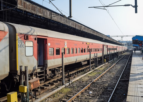 Indian Railway Train At Amritsar Railway Station Platform During Morning Time, Colourful Train At Amritsar, Punjab Railway Station