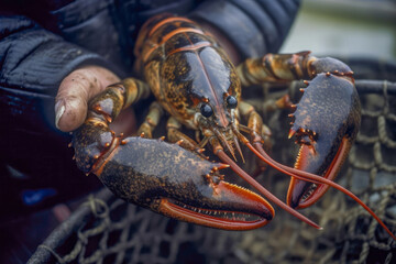 Close-up of a lobster being harvested from a trap. Generative AI.