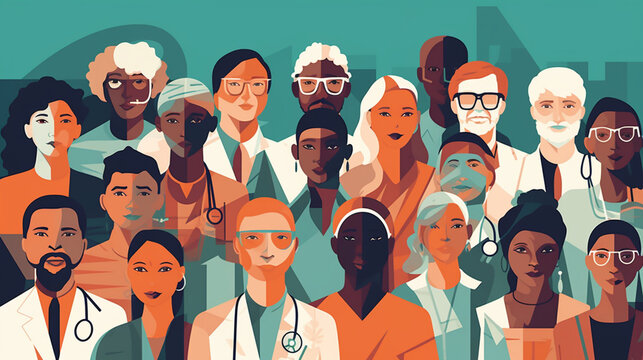 Vector Illustration, Group Of Male Female Doctors And Nurses, AI Generative