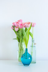 Pink tulips bouquet in three glass vases on white background copy space