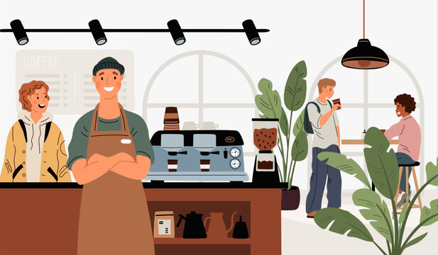 People in cafe. Happy persons drink cappuccino or americano at cafeteria table. Coffeehouse interior. Friends chat in bar. Barista behind counter making coffee. Garish vector concept