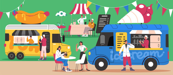 Street fast food festival. Cafe trucks market. Vendor at counter selling dot dogs and ice cream. Juices kiosks. Happy sellers and buyers. Visitors at outdoor cafeteria. Vector concept