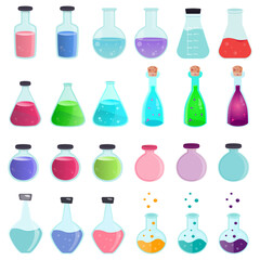 Chemistry bottles flasks vector graphic design element set