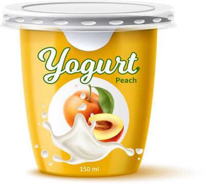 Yogurt package design. Dairy product. Juicy peach. Fruit taste. Closed jar for fermented milk food. Natural apricot flavor. Cream dessert container mockup. Vector plastic 3D packaging