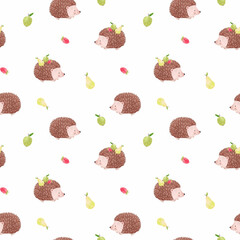 Beautiful children's seamless pattern with cute hand drawn watercolor hedgehog animal. Stock illustration. © zenina