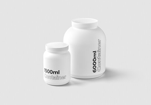 Mockup of customizable 6000ml and 1500ml protein powder containers and labels available against customizable color background