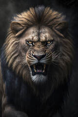 Fototapeta na wymiar Angry old lion king on black background, Generative AI