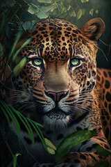 Leopard portrait on jungle background, Generative AI