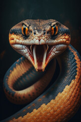 Fototapeta premium Angry Snake portrait with big teeth on dark background. AI Generative