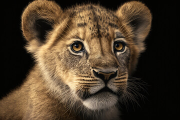 Fototapeta premium Portrait of a baby lion on a dark background, AI Generative