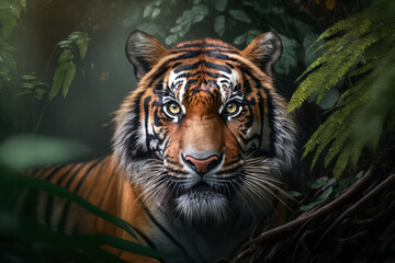 Tiger portrait on jungle background, digital illustration painting, Generative AI