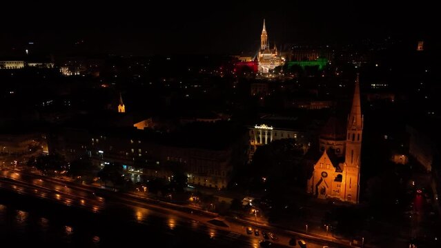 Night city scene, aerial view of Budapest city skyline, Hungary