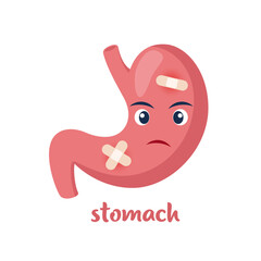 Sick stomach with pain ache or disease. Sad cartoon character stomach, body organ injured or unhealthy. Human cartoon anatomy, kids medicine. Vector illustration.