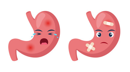 Sick stomach with pain ache or disease. Sad cartoon character stomach, body organ injured or unhealthy. Human cartoon anatomy, kids medicine. Vector illustration.