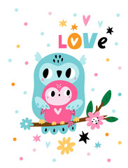 Cute animals card. Baby shower holiday. Owls family. Birth anniversary celebration. Cartoon mother and cub. Owlet on plant branch. Birds love. Zoo characters. Vector kids banner design
